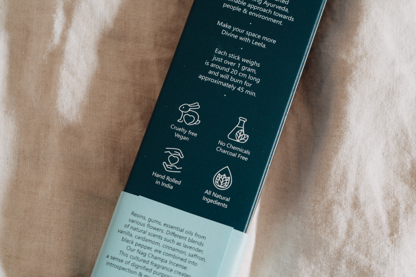 Organic Nag champa incense from Leela divine play. Natural hand-rolled, cruelty free, charcoal free incense from India